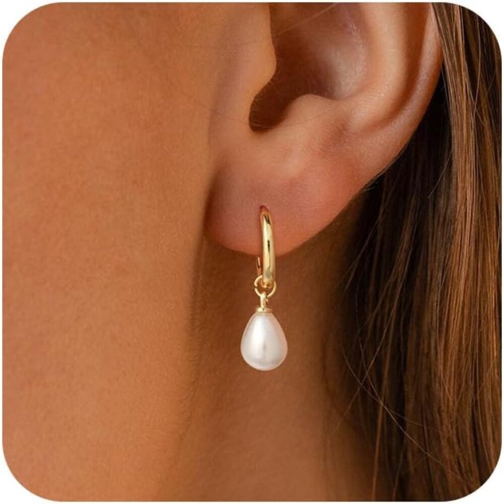 Pearl Earrings for Women Trendy, 14k Gold Plated Freshwater CZ Leaf Pearl Dangle